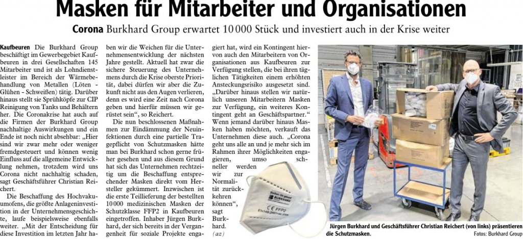 Pressebericht zur Maskenspende der BURKHARD Group Zeitungsartikel über Maskenspende der BURKHARD Group mit Fotoübergabe