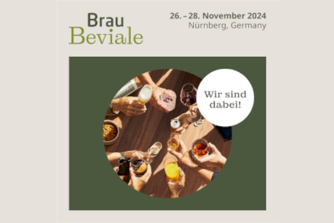 Grafik zur Messe BrauBeviale 2024 in Nürnberg mit Datum und Hinweis „Wir sind dabei!“