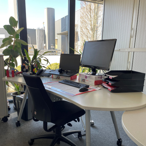 Büroarbeitsplatz mit Schreibtisch, Monitoren und Pflanzen vor großem Fenster