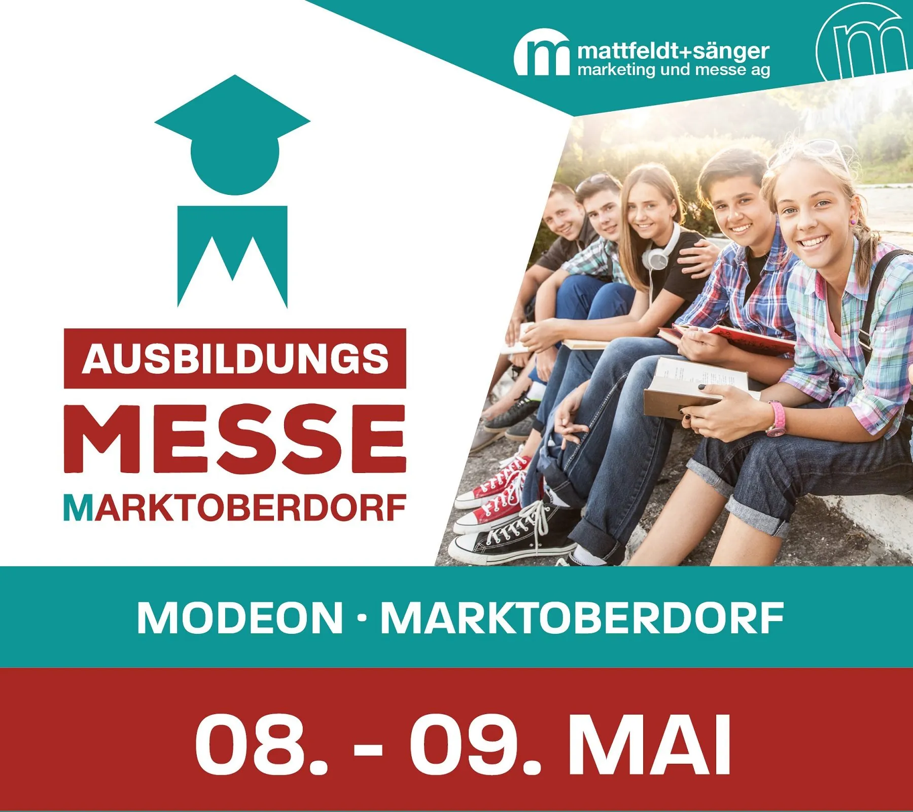 Plakat zur Ausbildungsmesse Marktoberdorf mit Datum 8.–9. Mai und Veranstaltungsort MODEON